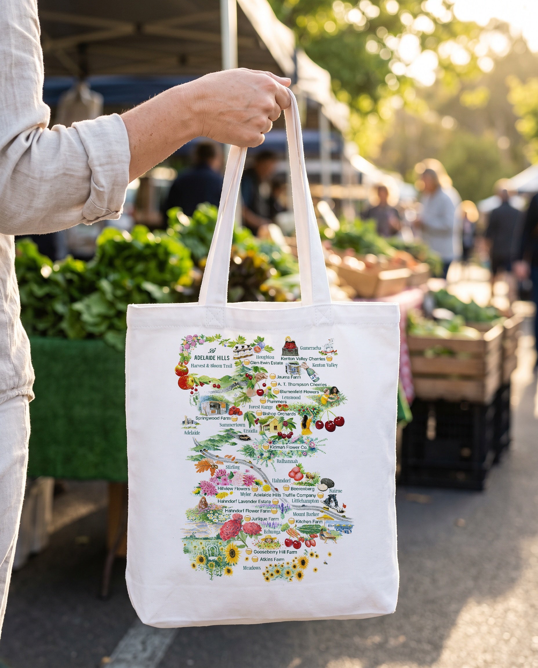 Harvest & Bloom Trail tote at the farmers market